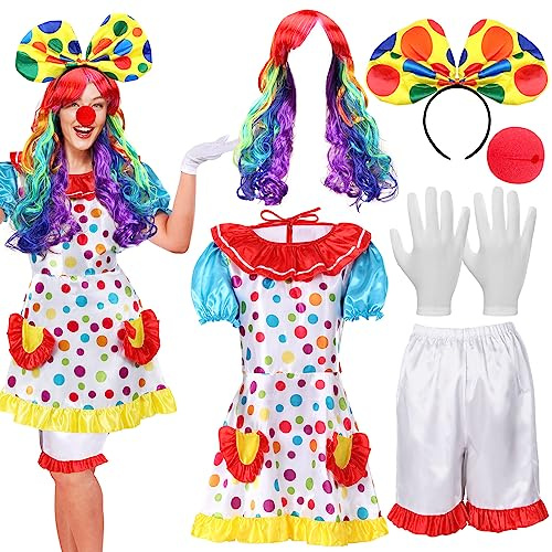 Handepo 6 Pcs Clown Costume Set Women Circus Dress Rainbow Clown Wig Headband Nose Shorts Gloves for Halloween cosplay(XX-Large)