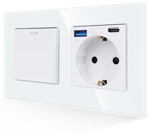 JIMEIDA 1-Fach Lichtschalter mit USB Steckdose Unterputz, 10A 250V | 1-Fach, 1-Weg, USB A+C 20W, 10A, 250V, Glas Panel, Kristall Kippschalter, Nachtleuchten, Unterputz, 157x86mm, Weiß