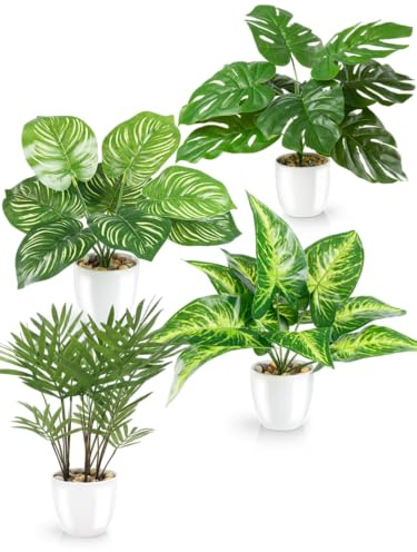 PASCH® Set med 4 tropiska konstgjorda växter som riktiga (25 cm) i vita keramiska krukor: bland annat monstera konstgjord & Areca konstpalm | Konstgjorda växter i kruka | Falsk växt | konstgjorda