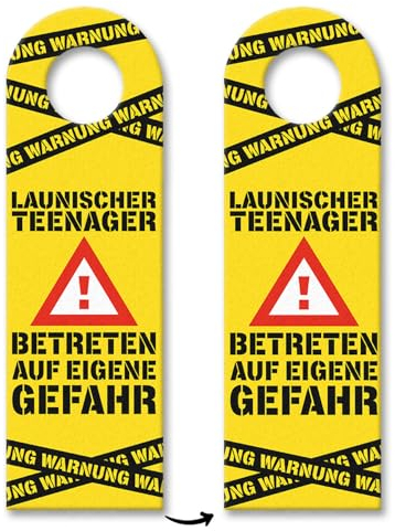 Warnung Launischer Teenager Türhänger 3er Set mit Warnzeichen in gelb Betreten auf eigene Gefahr für Jugendliche die oft genervt oder zickig sind um den Eltern zu zeigen wie die Laune gerade ist