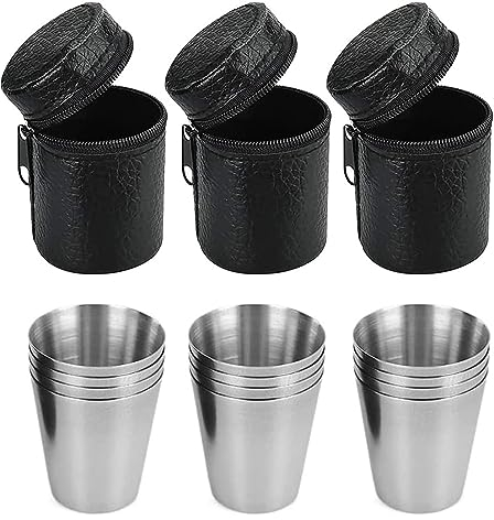 Klein Edelstahl Becher Set, 12 Stück Edelstahl-Becher Set, Klein Edelstahl Becher, Edelstahl Shot Gläser, Edelstahl Tassen mit 3 Schwarzen Ledertaschen für Wandern, Picknick, Camping, Reisen(30 ML)