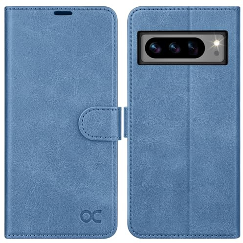 OCASE Lederhülle für Google Pixel 8 Pro Hülle Premium PU Leder Hellblau | Standfunktion Kartenfach RFID-Sperrung Schutzhülle Handyhülle Klapphülle Kartenfach Flip Cover Handy hülle Leather