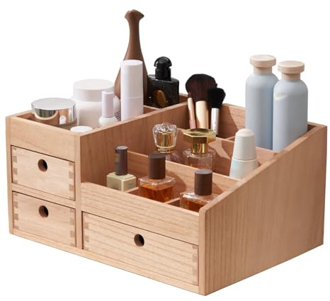 KIRIGEN Wooden Makeup Organiser, 3 Drawers, 8 Compartments, Natural | Paulownia wood; plant oil finish; 3 drawers and 8 compartments for lipstick, skincare, jewellery and desk items