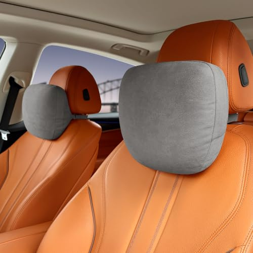 POKSRI 2stk Auto-Nackenkissen,kopfstütze Auto nackenstütze für Fahrerseats,Superfiber Wildleder,Pflanzenbasiertes Polyester,Dicke/Höhe verstellbar,30x19cm,füllbares Innenfutter(grau)