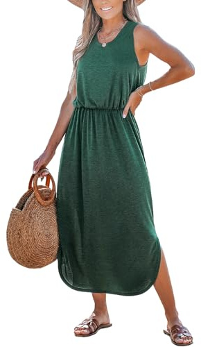CUPSHE Damen Kleid Rundhals Ärmellose Seitenschlitz Elastischer Bund T Shirt Kleid Jersey Freizeitkleider Sommer Maxi Dress Grün L