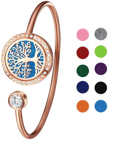 Cupimatch Bracelet Diffuseur d'huiles Essentielles Arbre de Vie Aimant Ronde Ouvert en Acier Inoxydable avec 10 Pièces Recharge Coussins Lavable,Cadeau Fête des Mères Noël Saint-Valentin