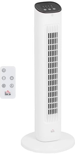 HOMCOM Ventilatore a Torre con Telecomando e 3 Velocità, Ventilatore a Colonna con Timer 15 Ore, Oscillazione e Modalità Silenzioso, Bianco