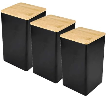 NASSMOSSE Lot de 3 boîtes de rangement noires pour thé, café et sucre, résistantes à l'humidité, avec couvercles en bois, pour thé, café, sucre, pour comptoir de cuisine, usage quotidien