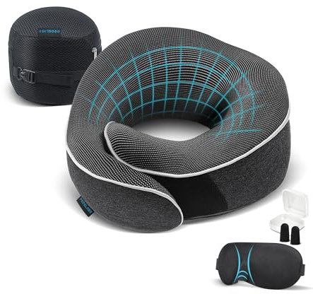 Proglobe Nackenkissen Flugzeug, Reisekissen 100% Memory Foam, Orthopädisches Nackenhörnchen, Für Reisen mit Flugzeug, Auto, Zug, Mit 3D-Schlafmaske, Hochwertige Netztasche (Dunkelgrau)