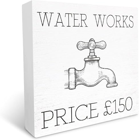 FixeLLD Funny Bathroom Wood Sign Water Works Price 150 Wood Block Sign for Bathroom Shelf Toilet Restroom Home Tabletop Desk Decor,Farmhouse Bathroom Wooden Box Sign 5x5 Inch
