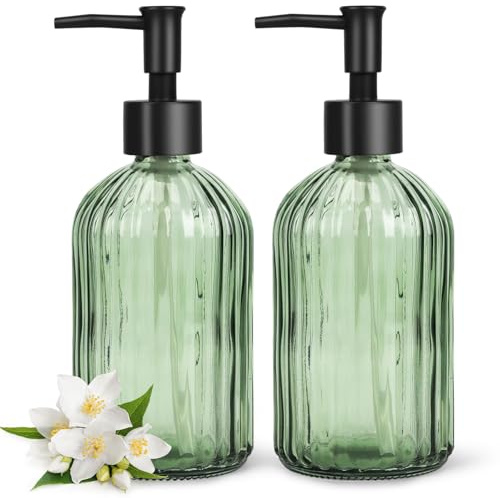 Topsky 2 Stück Glasseifenspender mit Kunststoffpumpe, 400 ml Flüssigseifenspender, rostfreie Pumpe für Küche und Bad, ideal für Lotionen, ätherisches Öl, Flüssigseifen, Armeegrün