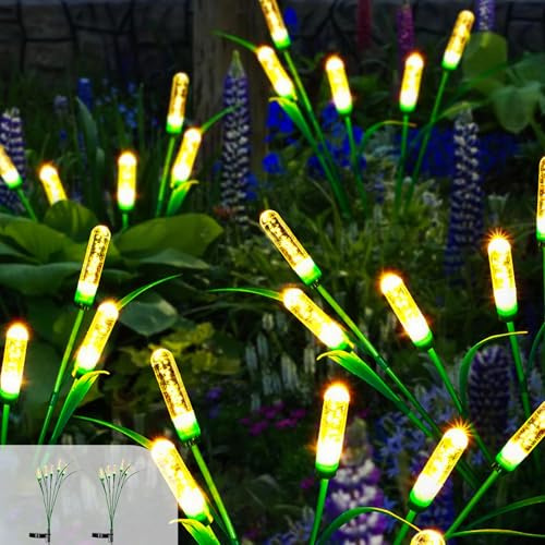 Cuteefun Vass solcellslampor för utomhus trädgård, 2-pack 12 LED svängande utomhus sollampor, vass trädgård ljus sol vattentät för gård dekoration, inflyttningsfest kvinnor mamma födelsedagspresent