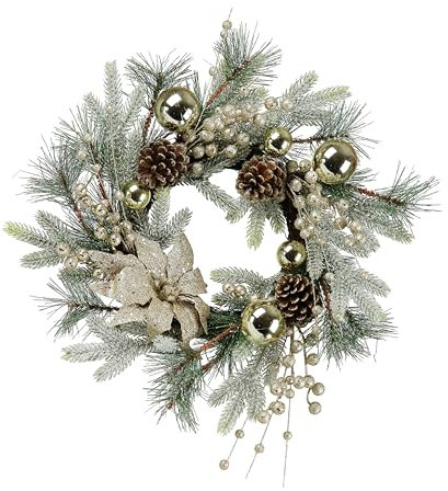 Zavothy Couronne de Noel 50 cm, Couronne de Noël Porte Artificielle avec Pommes de Pin et Boules de Noël, Couronne de l'Avent, Décoration de Noël, Argenté