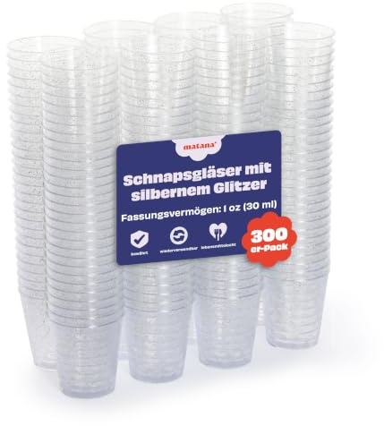 MATANA 300 Plastic Shot Glasses, Silver Glitter (30ml / 1oz) - Reusable - Shot Glasses Plastic, Shot Glass, Jelly Shots, Sample Tasting Cups - Shot Cups for Parties, Birthdays, Weddings, Hen Parties