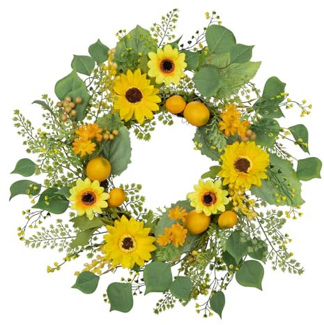 Oairse Artificial Wreaths for Front Door 20 inch Spring Summer Door Wreath Sunflower Wreath with Lemon Likelife Green Wreath for Home Kitchen Wall Window Farmhouse Indoor Outdoor Deocr