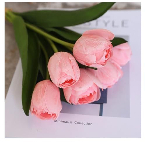 WENH 6 Stück/Strauß Tulpen, künstlicher Blumenstrauß, fühlt Sich echt an, Tulpen, Brautstrauß, Hochzeitsdekoration, Zuhause, Party, feuchtigkeitsspendend, gefälschte Blumen, Tulpen(Champagne Pink)