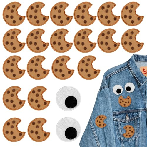 22 pcs bestickte Keksflicken, Cookies Kekse Bestickter Stoffaufkleber, Patch lustige Augen im Doppelpack zum Aufbügeln, bügelflicken kinder Aufbügeln für Jacken, Jeans, Rucksäcke, Kleidung