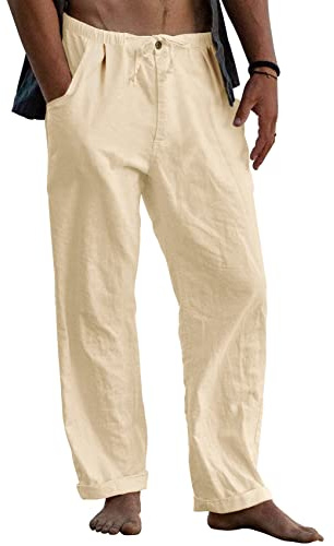 Runcati Pantalones de lino para hombre Baggy, pantalones de verano ligeros de largo, pantalones de un solo color para hombre, pantalones de ocio, pantalones de playa, pantalones de yoga con cordón