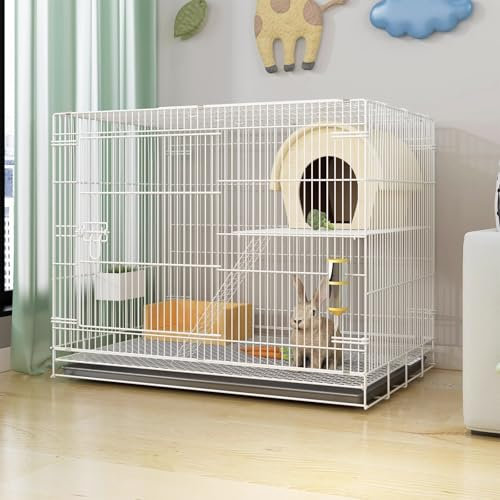 Kaninchenkäfig für den Innenbereich, 2-stöckig, Metallverschlüsselungsstruktur, Kleintierkäfig mit zu öffnender Oberseite, herausnehmbares Tablett, für kleine bis mittelgroße Tiere (weiß, 70 x 50 x 60