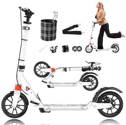 GHBXJX Big Wheel Cityroller Scooter Pro Tretroller Erwachsene 150 kg Tragkraft, 200mm Scooter mit Bremsen und Stoßdämpfern, Erwachsene und Kinder, ABEC 9 Kickboard Klappbar & Höhenverstellbar,Weiß