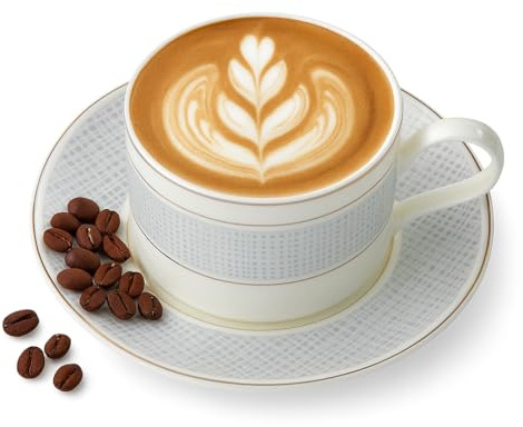 London Boutique Cappuccino Cup and Saucer Set 300ml, White Porcelain Coffee Cup with Silver Banding, Elegant Tea & Espresso Cup, Luxury Latte Mug for Home, Café or Gift, Set of 1