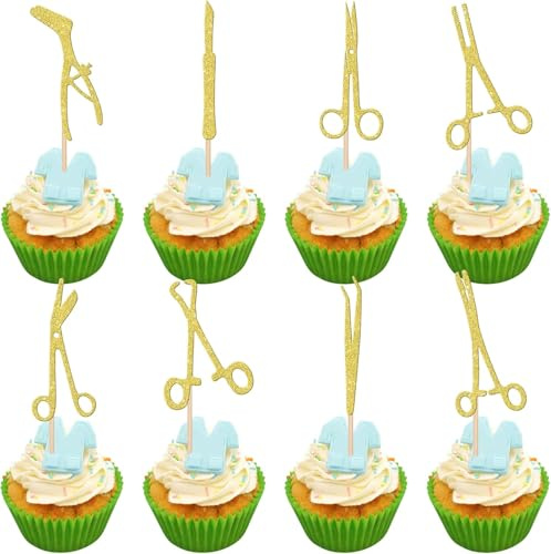 24 Stück Chirurgisches Werkzeug Cupcake Toppers Glitzer Chirurgen Party Kuchen Deko Doktor Abschluss Tortendeko für Sterile Verarbeitung Tech Tool Thema Geburtstag Party Kuchen Dekorationen Gold