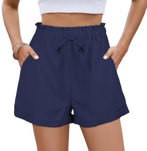AYESY Ladies Shorts Womens,Casual Summer Shorts with Pockets Elastic High Waist Drawstring Pants Loose Beach Walking Short Deep Blue