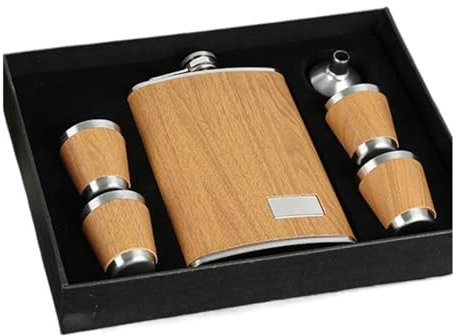 Flachmann-Set aus Holz, mit 1 Trichter und 4 Tassen, Whiskey, Wein, Edelstahl, Flagon-Flasche, Reise-Trinkgeschirr für Geschenke, 266 ml