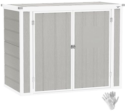 Outsunny Garden Shed, 4.7 x 2.5FT Double Bin Storage Shed with Lockable Doors, Outdoor Small Shed with Openable Lid for Garden Tools and 2 Trash Cans, Light Grey