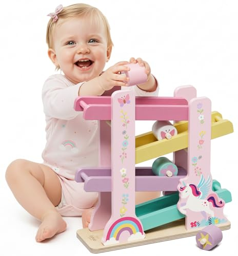 Lehoo Castle Wooden Unicorn Ramp Toy 4 Rollers Toddler Toys for Girls
