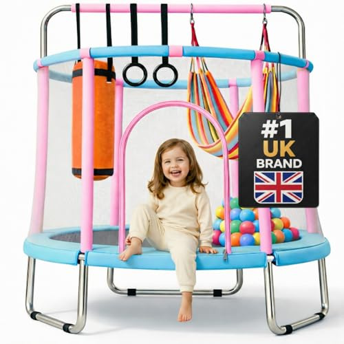Happin® 55 Kids Trampoline, Trampolines for Toddlers Ages 2-6 with Safety Enclosure Net, Swing, Punching Bag & Rings, Indoor & Outdoor, Small Trampoline for Kids for Boys & Girls
