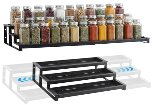 Sandiyago Spice Rack, 3 Tier Spice Rack for Inside Cupboard, 45-82cm Expandable Spice Organiser, Large Stepped Seasoning Organizer, Spice Jars Rack for Kitchen Countertop, Pantry, Bathroom (Black)