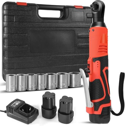 Cordless Electric Ratchet Wrench Set, 3/8 Inch, 80N·M, Right Angle Wrench with 2 Pack of 2000mAh Li-Ion Battery & Charger