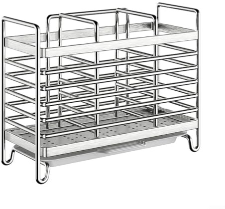 Soporte para utensilios de pared de acero inoxidable con sistema de drenaje y patas de apoyo estables, estante de secado de cocina para tenedores, cucharas y utensilios de cocina (3 compartimentos)