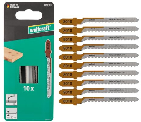 wolfcraft 8018100 - Lames de scie sauteuse, coupe courbe fine - Lame HCS avec queue en T – Idéale pour le contreplaqué et le bois tendre - Profondeur de coupe 20 mm
