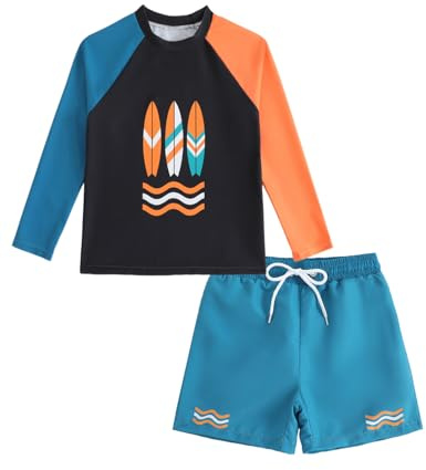 Boys Swimming Costume Long Sleeve Rash Vest Set 1-6 Years, UPF Kids Swimming Costume with Swim Top and Swimming Shorts for Toddler Boy, Black-Blue 9-10 Years
