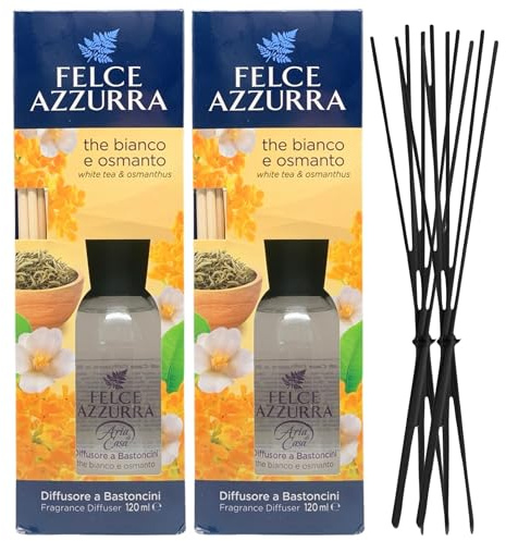 Felce Azzurra Diffusore Ambiente a Bastoncini, Fragranza THE BIANCO E OSMANTO, Formato 120ml + Ricambio 10 Bastoncini Per Diffusori Neri (2 Unità + Bastoncini)