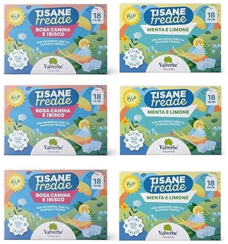 Mix Tisane fredde gustose: 3 Rosa Canina e Ibisco - 3 Menta e Limone 18 Filtri - Pacco da 6-172,80 g
