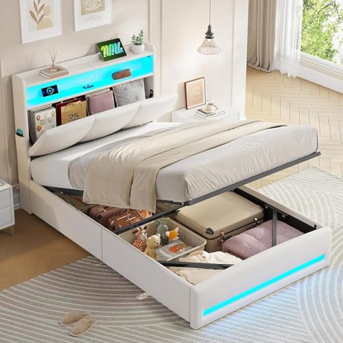 AOGLLATI Single Ottoman Bed 90x190 cm, Single Bed with Hydraulic Underbed Storage and Charging Ports, 3ft Bed Frame with LED Lights and Upholstered Storage Headboard, Space-saving, Beige, Linen