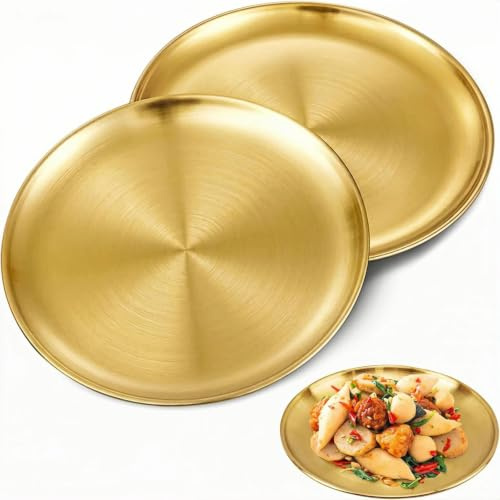 Cycayit Deko Tablett Rund 30cm, 2er Set – Serviertablett Goldfarben aus Edelstahl, Dekotablett für Küche, Esstisch, Buffet, Party, Camping – als Obstschale, Kuchenplatte & Dekoteller