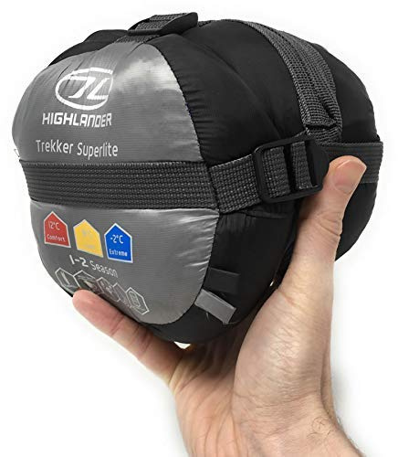 Highlander Trekker Superlite 1-2 Season Lightweight Sleeping Bag, Ultralite Backpacking Travel Mummy Bag (black & grey)
