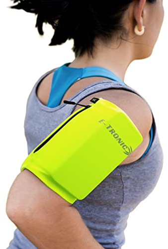E Tronic Edge Phone Holder for Running, Cell Phone Arm Bands with Reflective Logo, Phone Strap Armband Fits iPhone and Android, Use for Running, Walking, Hiking and Biking, Neon, Small