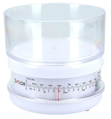 Taylor Compact Mechanical Kitchen Food Scales with Bowl, Highly Accurate with Tare Function and Precision, White Weighs 2.2 kg Capacity, 14 x 13 cm, 2.2 kg Capacity