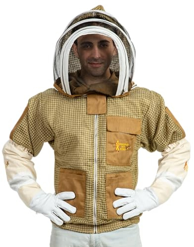Massive Bee Store -- 3 Layer Beekeeping Ventilated Jacket Fully Protection Beekeepers Ultra Ventilated Bees Jacket with Fencing Veil (S, Khaki)