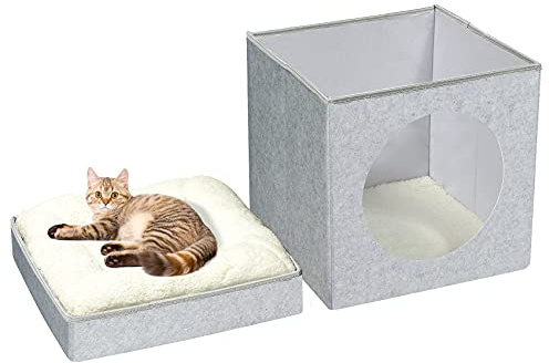 Bonlife Large Cat Beds for Indoor,Felt Pets Tent with Two Move Cushion,Warm Comfortable Semi Enclosed Foldable Cat Hideaway,Light Grey,45X45X50CM