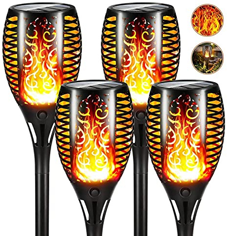 Hobubu 4 Pack Flickering Dancing Flame Solar Lights, IP65 Waterproof, Outdoor Garden Ornaments, Solar Torch Lights, Landscape, Pathway Yard Patio Driveway