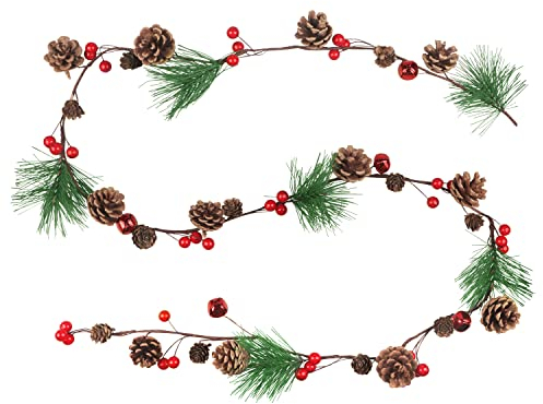 2M Christmas Garland Decorations with Pine Cones Red Bells and Red Berries, Rustic Christmas Garland for Tree Mantle Fireplace Banister Stairs Railing Door Decoration, Winter Indoor Outdoor Decor