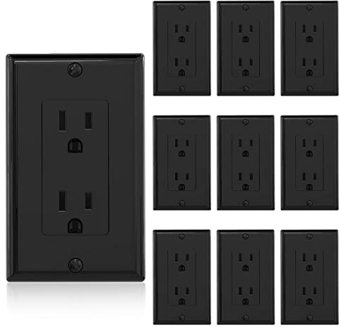 ELEGRP Decorator Receptacle, 15A 125V Standard Electrical Wall Outlet, 2 Pole 3 Wire, Non-Tamper Resistant, NEMA 5-15R, Self-Grounding Residential Grade, w/Wall Plate, UL (Glossy Black, 10 Pack)