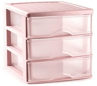 CABLEPELADO Torre de almacenamiento con 3 cajones sobremesa, Organizador de escritorio, Caja de almacenamiento de escritorio,18 cm alto x 17.7 cm ancho x 21.5 cm fondo, Rosa y cajones transparentes