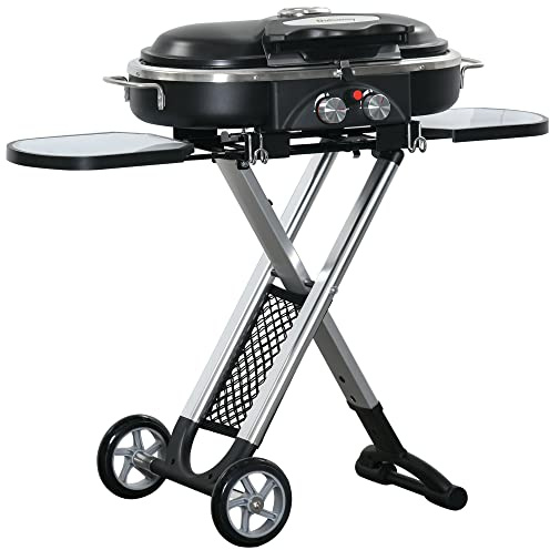 Outsunny Foldable Gas BBQ Grill 2 Burner Garden Barbecue Trolley w/Lid Side Shelves Storage Pocket Piezo Ignition Thermometer, Aluminium Alloy for Home Patio Garden Party Camping Outdoor Cooking